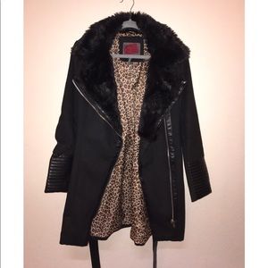 Moto fuzzy pea coat with leopard print lining